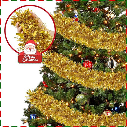 50FT Tinsel Christmas Garland Metallic Twist Garland Shiny Hanging Tinsel for Christmas Tree Party Supplies Indoor Outdoor Home Xmas Decoration (Gold)