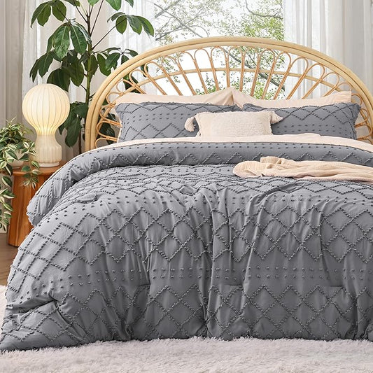 Bedsure King Comforter Set - Grey Comforter, Boho Tufted Shabby Chic Bedding for Kids, 3 Pieces Vintage Farmhouse Bed Set for All Seasons, Fluffy Soft Bedding with 2 Pillow Shams