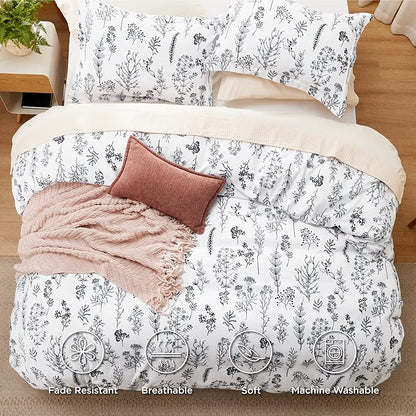 Bedsure Queen Comforter Set - Bright White Bed Set, 3 Pieces Cute Floral Bedding, 1 Soft Reversible Botanical Flowers Comforter and 2 Pillow Shams