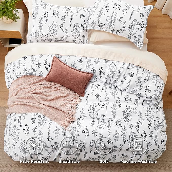 Bedsure Twin/Twin XL Comforter Set - Bright White Bed Set, 2 Pieces Cute Floral Bedding, 1 Soft Reversible Botanical Flowers Comforter and 1 Pillow Sham
