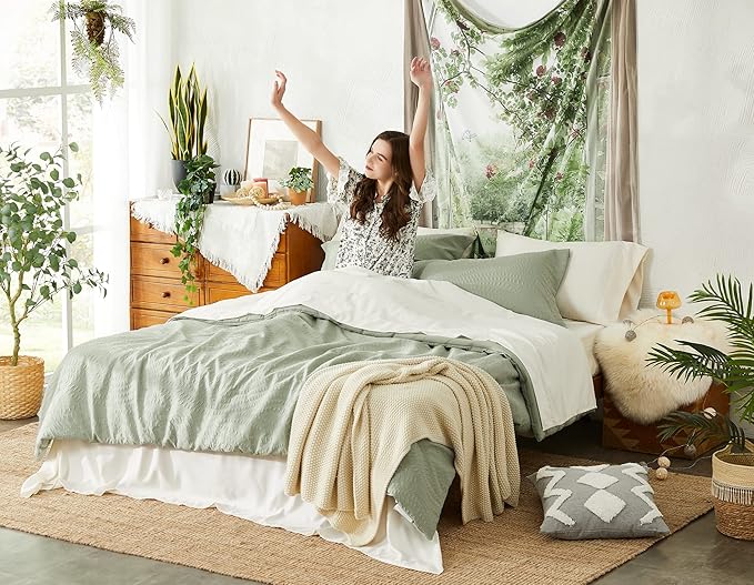 Geniospin Twin Comforter Set - 5 Pieces Textured Sage Green Bedding Sets, Boho Shabby Chic Comforter Set, All Season Comfortable Bed in a Bag with Comforter, Sheets, Pillowcase & Sham