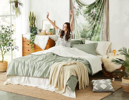 Geniospin Queen Comforter Set - 7 Pieces Botanical Textured Sage Green Bedding Sets, Boho Shabby Chic Comforter Set, All Season Lightweight Bed in a Bag with Comforter, Sheets, Pillowcases & Shams