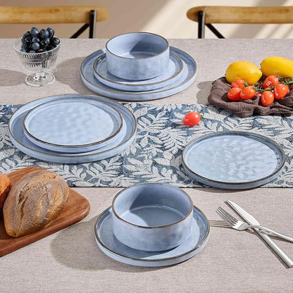 Herogo 24 Pieces Dinner Plates and Bowls Sets for 8, Stoneware Dinnerware Sets for Kitchen Dining, Reactive Glaze, Dishwasher & Microwave Safe, Haze Blue