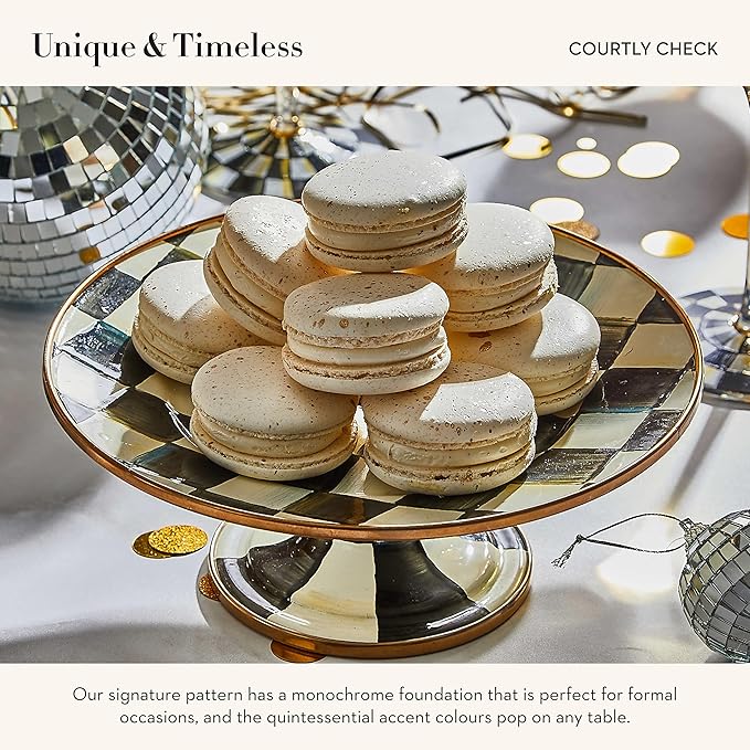 MACKENZIE-CHILDS Enamel Pedestal Serving Platter, Decorative Serving Dish for Food, Mini, Black-and-White Courtly Check