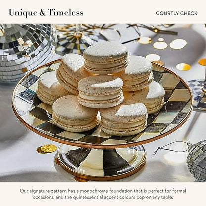 MACKENZIE-CHILDS Enamel Pedestal Serving Platter, Decorative Serving Dish for Food, Mini, Black-and-White Courtly Check