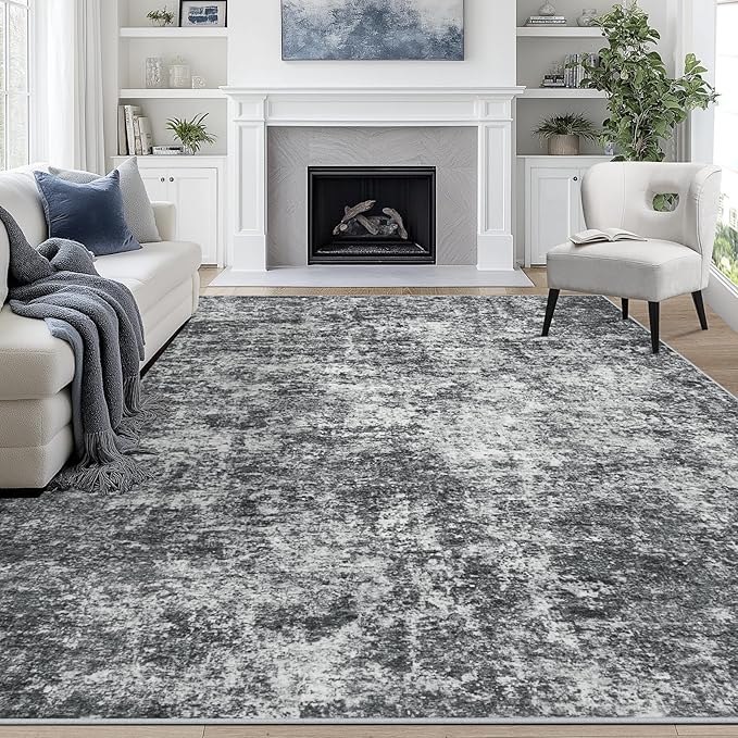 8x10 Area Rugs for Living Room Rug Washable: Abstract Large Rug for Dining Room Bedroom Carpet Non Slip 8 by 10 Indoor Modern Nursery Home Office Black Grey