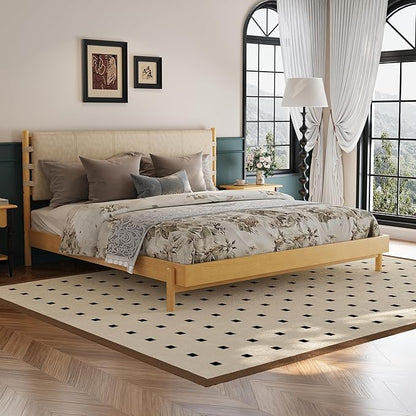 Premium Rubber Wood Platform Bed Frames, King Size Headboard Included, Mid Century Modern Beds, Beige