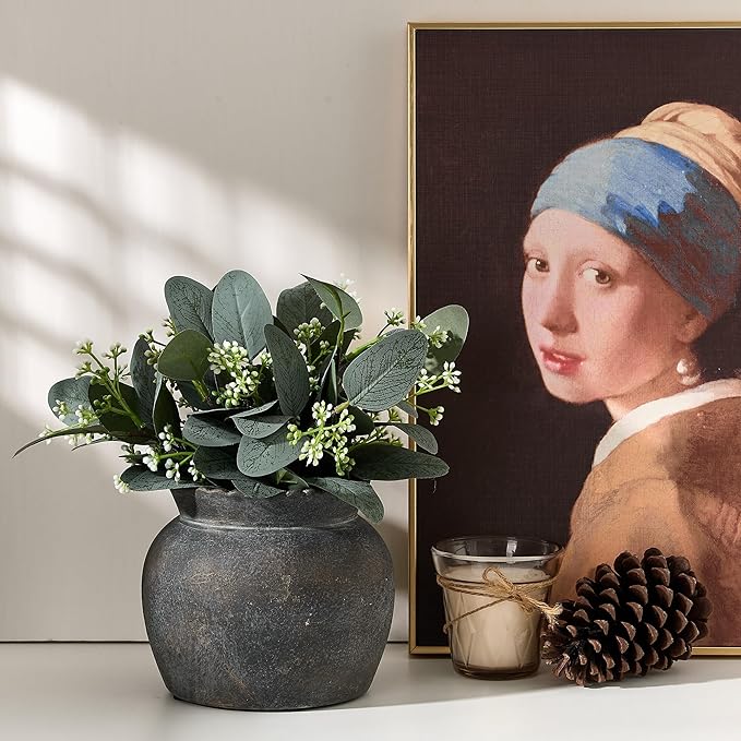 SIDUCAL Ceramic Flower Vase with Wide Mouth Lace, 5.1 Inch Pottery Rustic Farmhouse Boho Vases, Small Terracotta Vase for Home Decor, Table, Living Room, Bathroom, Shelf, Wedding, Bronze