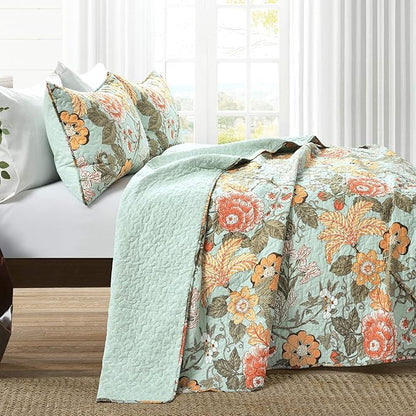 Lush Decor Sydney Reversible Cotton Quilt Set King 3 Piece Bedding, Blue Green