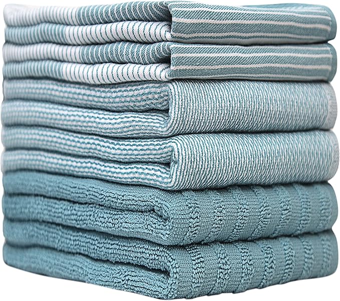 Premium Kitchen Towels 6 Pack Large Cotton Flat Terry Absorbent Tea Towels with Hanging Loop Aqua 20x28