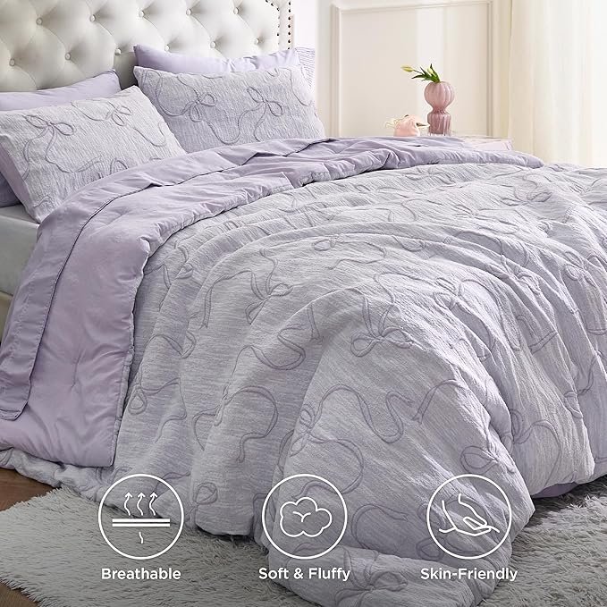 Bedsure King Size Comforter Set, Light Purple Boho Tufted Bed Set, 3D Puffy Jacquard Bedding King Size, 3 Pieces, 1 Farmhouse Shabby Chic Embroidery Comforter with Bow Pattern & 2 Pillow Cases