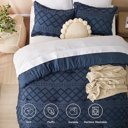 Bedsure Full Comforter Set - Navy Blue Comforter, Boho Tufted Shabby Chic Bedding for Kids, 3 Pieces Vintage Farmhouse Bed Set for All Seasons, Fluffy Soft Bedding with 2 Pillow Shams