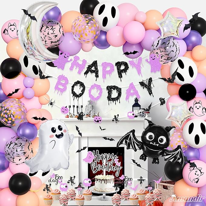 Amandir Pastel Pink Purple Halloween Birthday Party Decorations, Happy Boo Day Glitter Banner Halloween Balloon Arch Garland kit Foil Bat Ghost Balloons Cake Toppers for Kids Girl Spooky Baby Shower