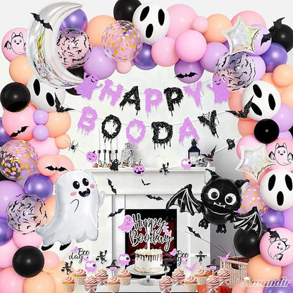 Amandir Pastel Pink Purple Halloween Birthday Party Decorations, Happy Boo Day Glitter Banner Halloween Balloon Arch Garland kit Foil Bat Ghost Balloons Cake Toppers for Kids Girl Spooky Baby Shower