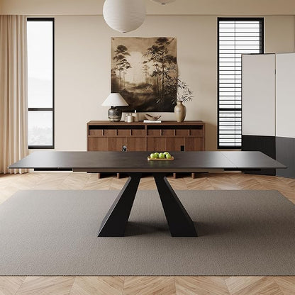 Modern Expandable Dining Table- 63" to 94.5" Extendable Dining Room Table, Gray Sintered Stone Top with Black Metal Base - Seats 6-12, Easy Assembly (Table Only)
