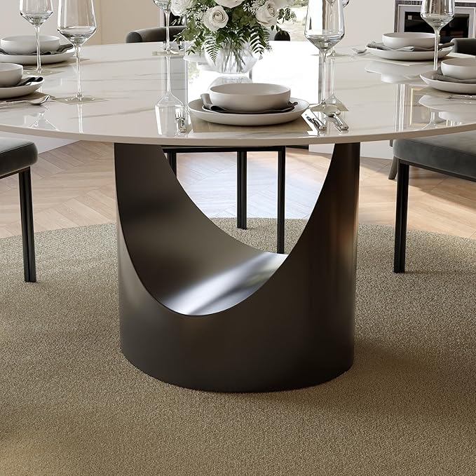 POVISON Round Dining Table for 6, 59" Glossy White Sintered Stone Tabletop Dining Table with Grey Carbon Steel Pedestal, Modern Dining Room Table for Kitchen, Living Room (Table Only)