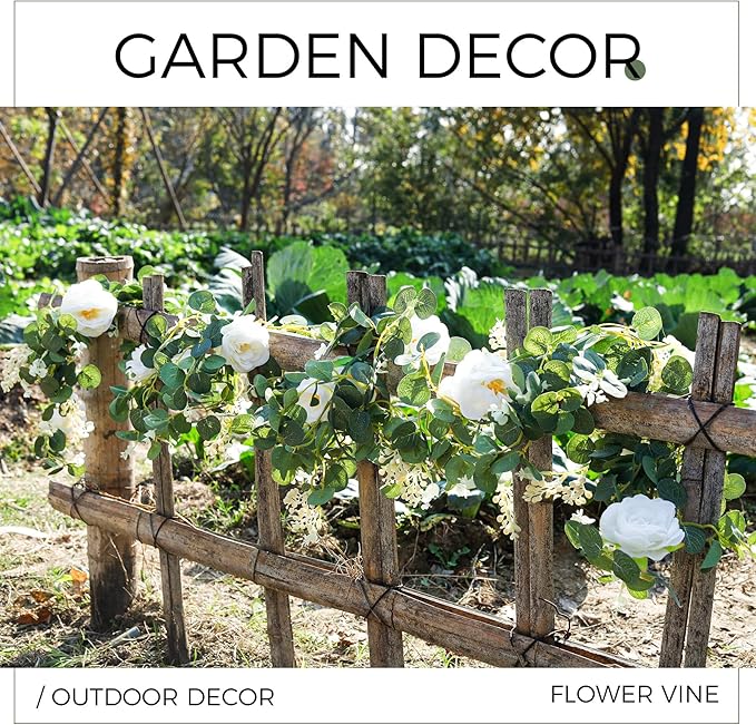 Der Rose 4 Pcs 13Ft Artificial Eucalyptus Flower Garland with Fake Silk Rose Flower Vine Seeded Eucalyptus Leaves Greenery Garland for Wedding Arch Table Wall Backdrop Party Room Decor (White)