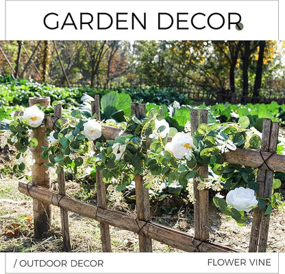 Der Rose 4 Pcs 13Ft Artificial Eucalyptus Flower Garland with Fake Silk Rose Flower Vine Seeded Eucalyptus Leaves Greenery Garland for Wedding Arch Table Wall Backdrop Party Room Decor (White)