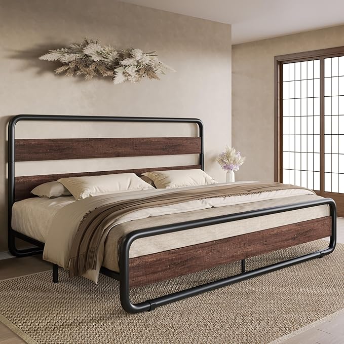 SHA CERLIN King Size Metal Bed Frame with Wooden Headboard and Footboard, Heavy Duty Platform Bed Frame with 10" Under-Bed Storage, Noise-Free, No Box Spring Needed, Mahogany