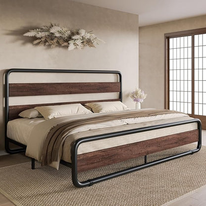 SHA CERLIN King Size Metal Bed Frame with Wooden Headboard and Footboard, Heavy Duty Platform Bed Frame with 10" Under-Bed Storage, Noise-Free, No Box Spring Needed, Mahogany