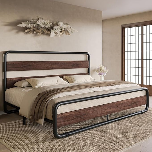 SHA CERLIN King Size Metal Bed Frame with Wooden Headboard and Footboard, Heavy Duty Platform Bed Frame with 10" Under-Bed Storage, Noise-Free, No Box Spring Needed, Mahogany
