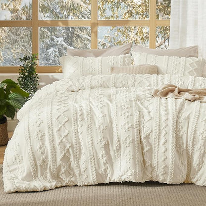 Bedsure Tufted Boho Comforter Set King Size - Ivory Boho Bed Set, GentleSoft™ 3 Pieces Farmhouse Shabby Chic Embroidery Bedding, Gifts for Woman, Soft Jacquard King Comforter for All Seasons