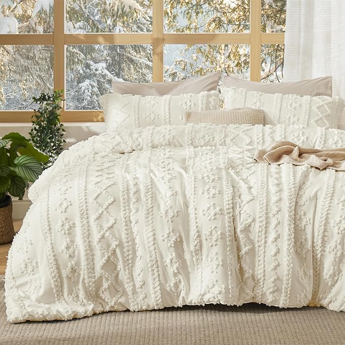 Bedsure Tufted Boho Comforter Set Oversized Queen - Ivory Boho Bed Set, GentleSoft™ 3 Pieces Farmhouse Shabby Chic Embroidery Bedding, Gifts for Woman, Soft Jacquard Comforter for All Seasons