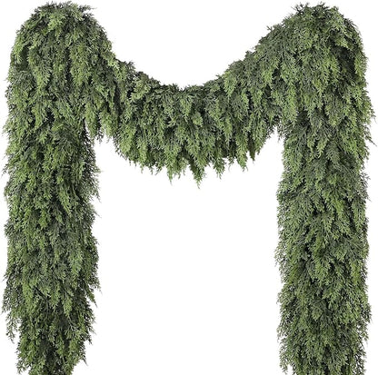 Guirnalda de cedro de 16 pies para chimenea, Christmas guirnalda de Navidad artificial gruesa y exuberante realista de cedro sintético para mesa, ventana, escaleras, manta, decoración interior y exterior (1
