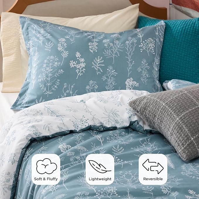 Bedsure Twin/Twin XL Comforter Set - Mineral Blue Bed Set, 2 Pieces Cute Floral Bedding, 1 Soft Reversible Botanical Flowers Comforter and 1 Pillow Sham