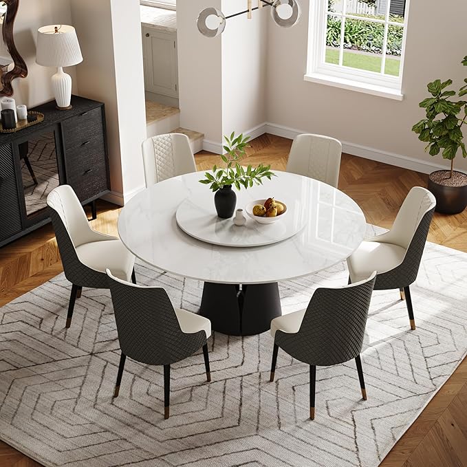 POVISON Round Dining Table for 6 with Lazy Susan, 59" Modern Round Dining Room Table, Glossy White Sintered Stone Tabletop with Black Carbon Steel Pedestal (Dining Table Only)