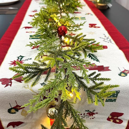 6 FT Artificial Christmas Pine Garland, Battery Operated 20 Warm Lights with Timer, Faux Greenery Spruce with Red Gold Ornaments and Stars, Holiday Decoration for Mantel Stair Doorway