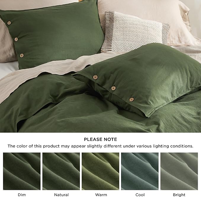 Bedsure Linen Duvet Cover King Size - Linen Cotton Blend Bedding Set, Soft & Cozy, 3 Pieces, 1 Duvet Cover 104x90 and 2 Pillowcases, Olive Green Color Cooling Bedding, Comforter Sold Separately