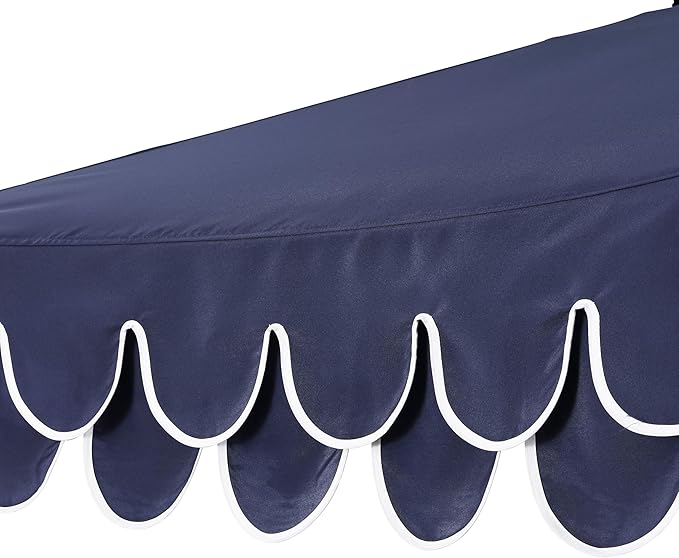 JONATHAN Y UMB1002G Tracy 9 ft. Classic MidCentury Scalloped Fringe Market Patio Umbrella with Auto-Tilt Crank, Wind Vent and UV Protection in Navy/White, White Pole