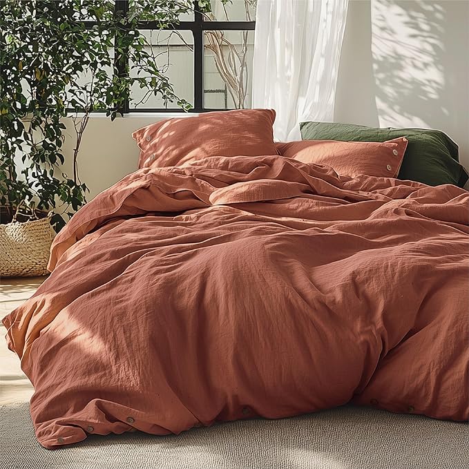 Bedsure Linen Duvet Cover King - Linen Cotton Blend Bedding Set, Soft & Cozy, 3 Pieces, 1 Duvet Cover 104x90 Inches and 2 Pillowcases, Burnt Orange Color Cooling Bedding, Comforter Sold Separately