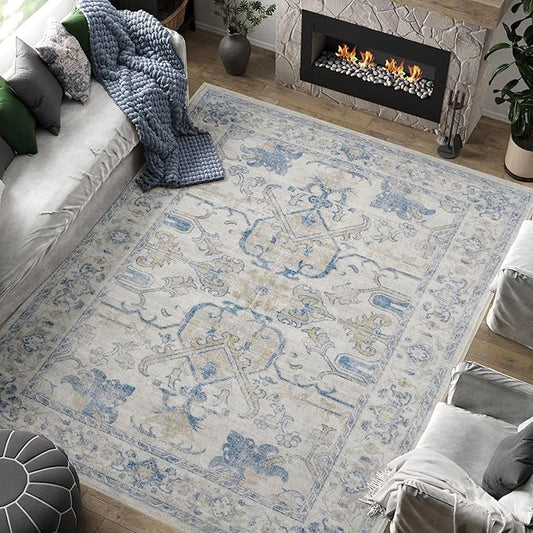 jinchan Vintage Floral Washable Area Rug 6x9 Non-Slip Low Pile Carpet, Blue