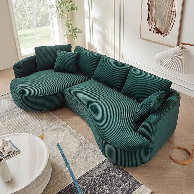 WILLIAMSPACE 122" Modern Curved Sofa, Upholstery Oversized Cloud Sofa With Chaise & Pillows, Left Hand Facing Sectional for Living Room (Left-Facing, Green Corduroy)