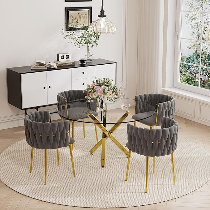 Modern Round Glass Dining Table Set for 4, 47'' Clear Circular Kitchen Table and Chairs Set, 5 PCS Mid Century Modern Circle Dining Room Table Set, Grey Woven Dining Chair for Home (Golden)