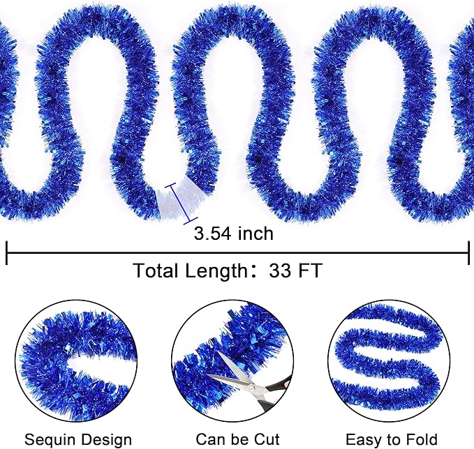 33FT Bule Tinsel Christmas Garland Metallic Twist Shiny Garland for Christmas Tree Decorations, Xmas Holiday Hanging Garland for Home Table Indoor Outdoor Party Supplies Holiday Decor