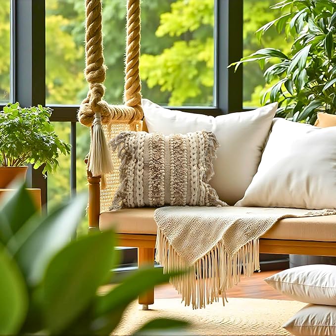 Decorative Boho-Chic Square Pillow Cover 18x18 Handwoven Tufted Braided Cotton Accent Pillows, Neutral Throw Cushion for Couch, or Bed, Farmhouse & Bohemian Home Decor, Trendy USA Design