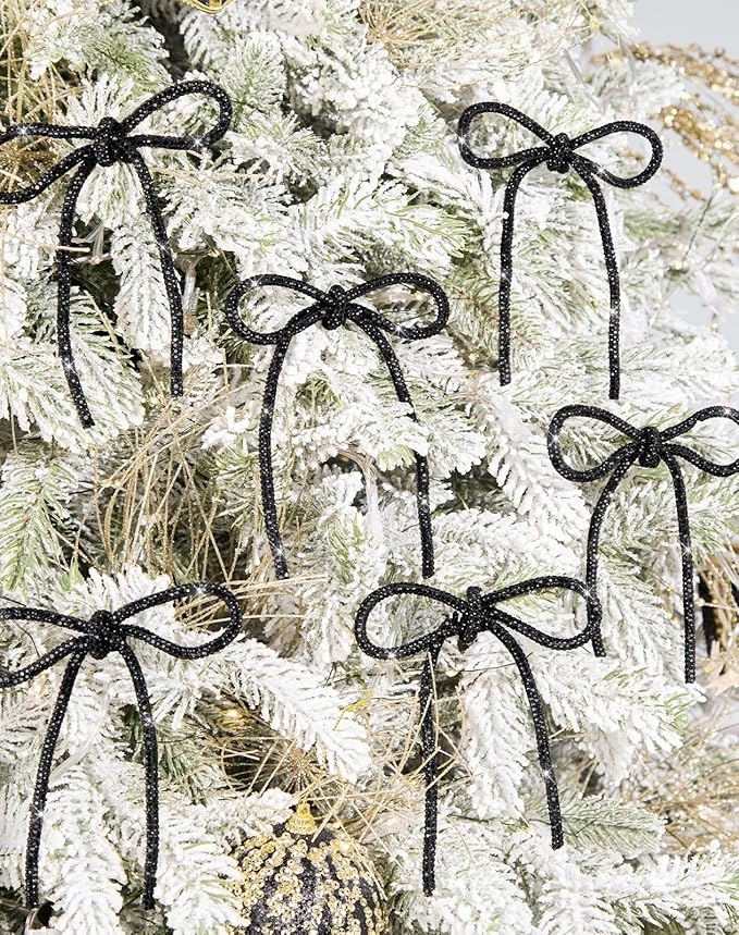 FLAIR GIFTS 6 Pcs 4.3" x 6" 2025 Christmas Bows for Tree Decor, Black Sparkly Glitter Rhinestone Bow Ornaments with Twist Tie for Xmas Decoration, Wreath, Garland, Gift Wrapping