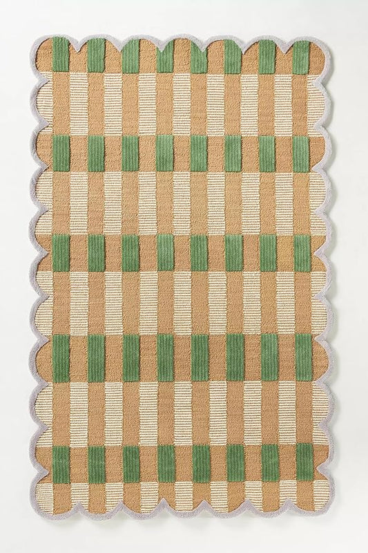 Hand-Tufted Wool Area Rug with Scalloped Edges, Beige and Green Plaid Pattern, Cozy and Soft Accent Rug for Living Room, Bedroom, and Nursery, Handmade Decorative Rug, 2.5x12 Ft (Runner)