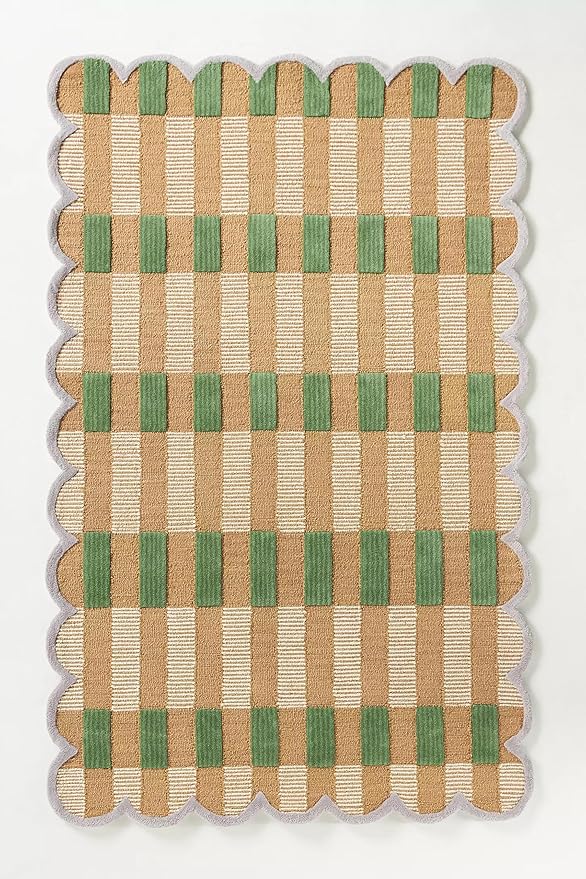 Hand-Tufted Wool Area Rug with Scalloped Edges, Beige and Green Plaid Pattern, Cozy and Soft Accent Rug for Living Room, Bedroom, and Nursery, Handmade Decorative Rug, 5x5 Ft (Square)