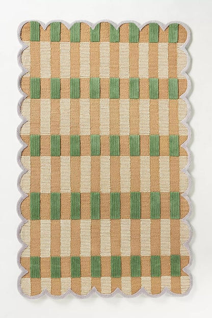 Hand-Tufted Wool Area Rug with Scalloped Edges, Beige and Green Plaid Pattern, Cozy and Soft Accent Rug for Living Room, Bedroom, and Nursery, Handmade Decorative Rug, 8x11 Ft