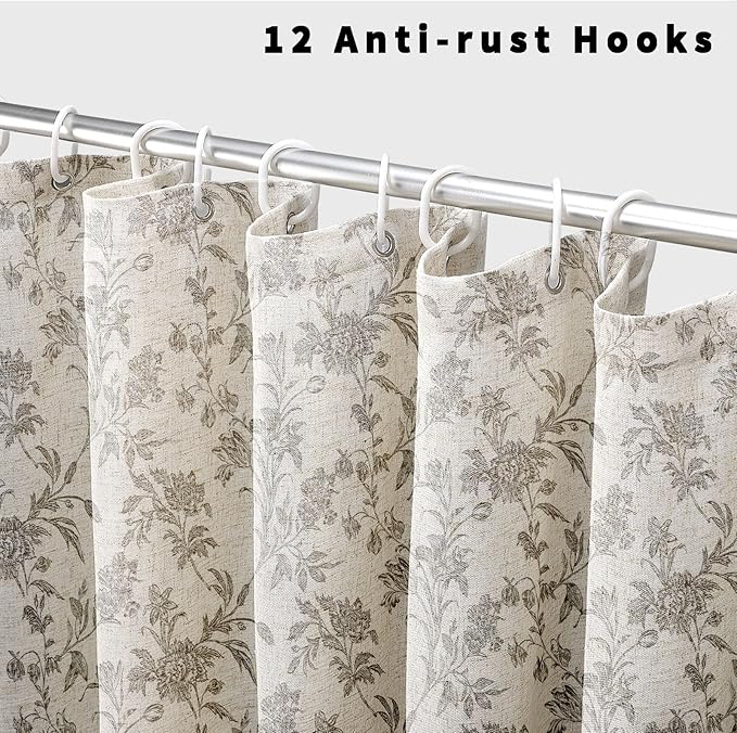 Vintage Farmhouse Shower Curtain for Bathroom Grey Shower Curtain Floral Cotton Linen 72" W x 72" L