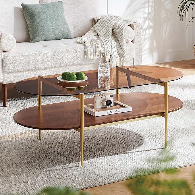 X-Large Oval Glass Coffee Table, Mid-Century Modern Design, L47 x W24 x H17 inch, for Living Room, Amber Glass Top and Walnut Finish Wood Shelf, Conical Legs with Gold Finish Frame
