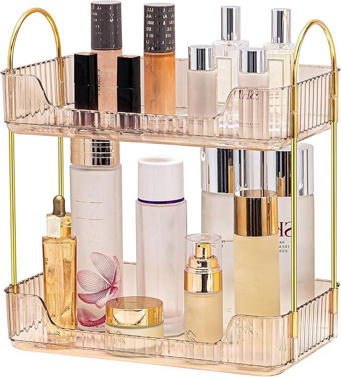2 Tier Bathroom Organizer Countertop Makeup Perfume Skincare Organizer for Bathroom Dresser Vanity (Gold)