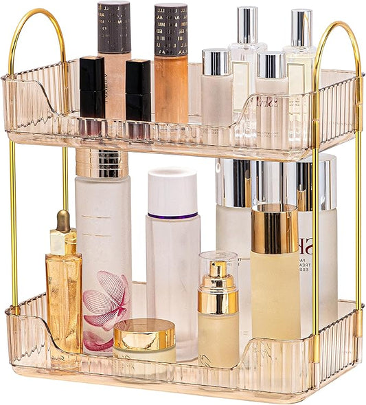 2 Tier Bathroom Organizer Countertop Makeup Perfume Skincare Organizer for Bathroom Dresser Vanity (Gold)