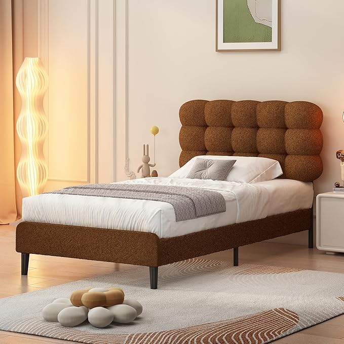 BarnFurin Twin Bed Frame with Upholstered Headboard, Teddy Soft Boucle Fabric, Platform Bed with Strong Wooden Slats Support, Two Bed Forms Design, No Boxing Spring Needed, Easy Assembly, Brown