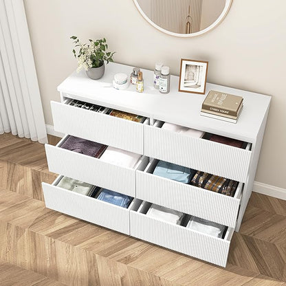 Fluted 6 Drawers Dresser,Modern Large Wood Dresser,Chest of Drawers for Bedroom, Living Room,Hallway,Entryway,TV Stand Drawer Organizer(Fluted White)