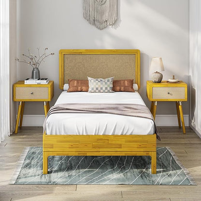 Bme Nipe 14 Inch Bohemian Bed Frame with Adjustable Woven Headboard - Rustic & Vintage Unique Style with Acacia Wood - No Box Spring Needed - Easy Assembly - Twin, Natural